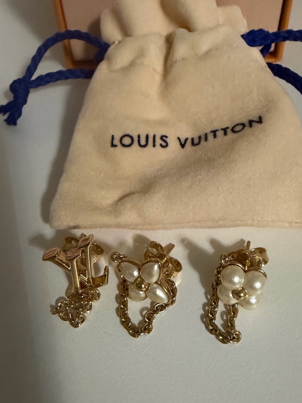 Louis Vuitton Gold-Tone Pearl Cluster Chain Drop Earrings 3 Set